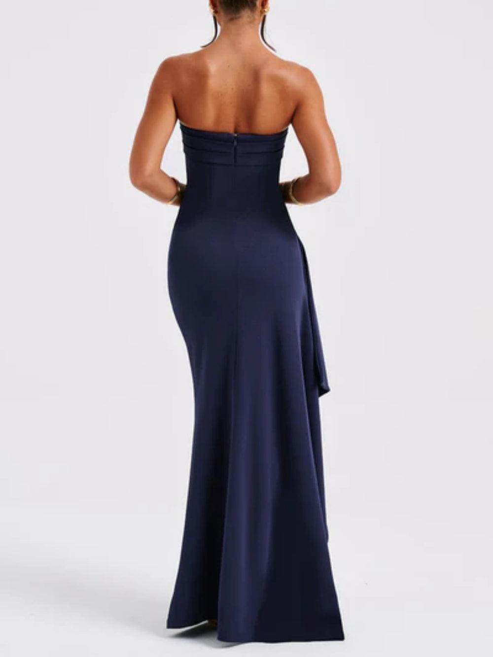 Long strapless gown with a dramatic slit