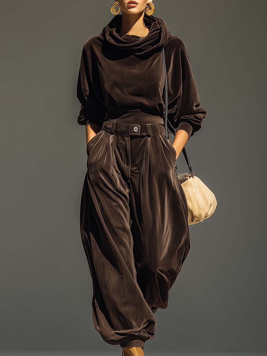 Vintage Brown Velvet Hoodie & Relaxed-Fit Trousers Set — Belt Included