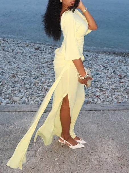 Elegant Yellow Maxi Dress with Cape and Backless Design