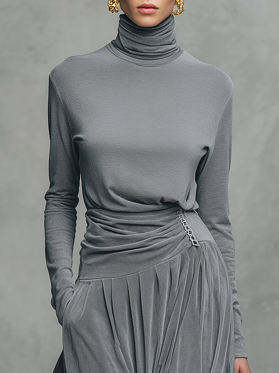 Chic Stand-Up Collar Long-Sleeve T-Shirt with Velvet Skirt Set