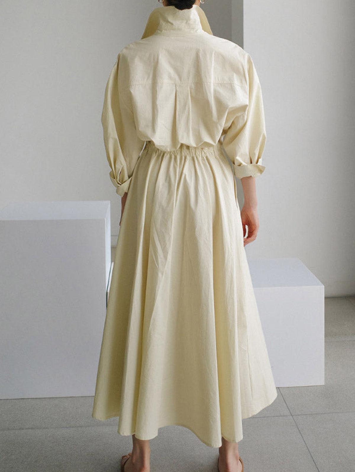 Elegant Solid Midi Dress with Notched Collar and Pockets Buttons