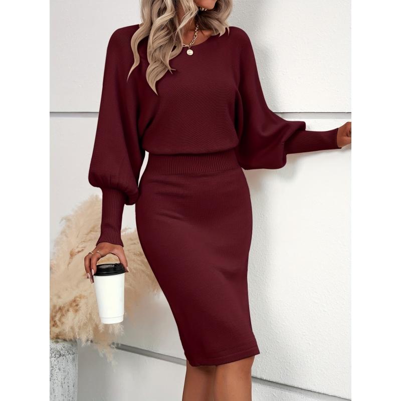 Elegant Cinched-Waist Sweater Dress with Dramatic Lantern Sleeves