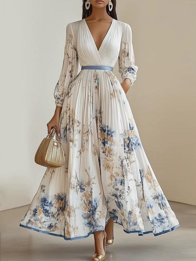 Pleated Silk Maxi Dress with V-Neck and Spring Floral Print, Long Balloon Sleeves, A-Line Style