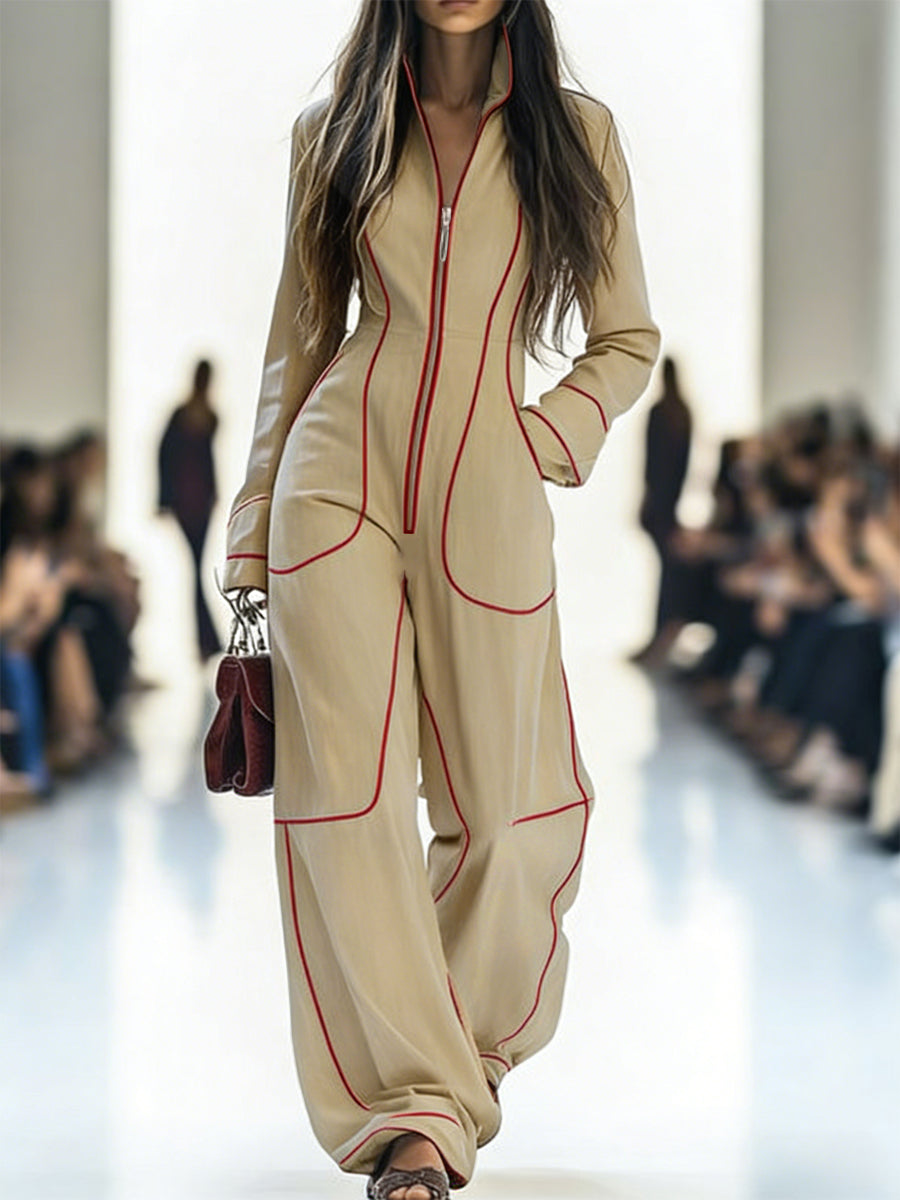 Structured Wide-Leg Jumpsuit with Stand Collar & Zip Detail