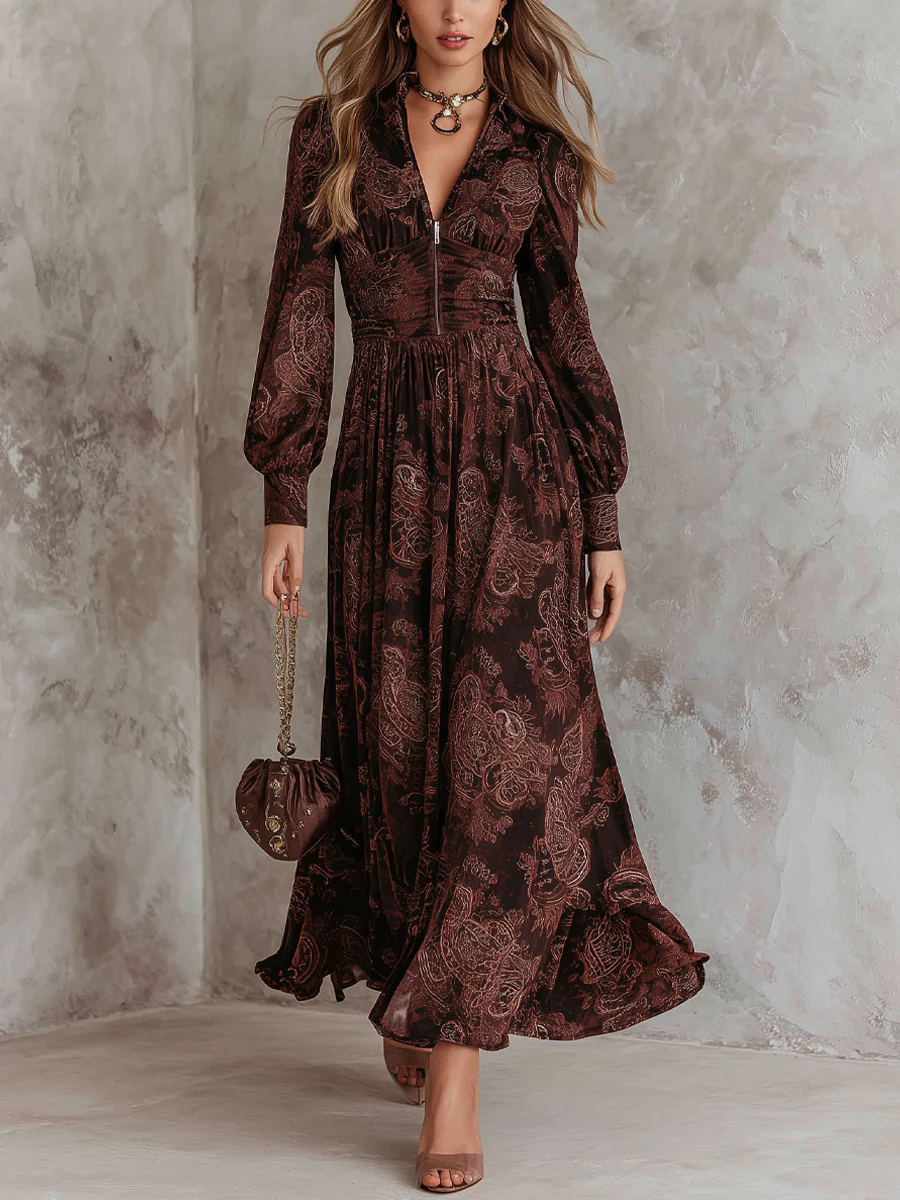 Elegant Braun Paisley Maxi Dress with Zipper and Fitted Cut