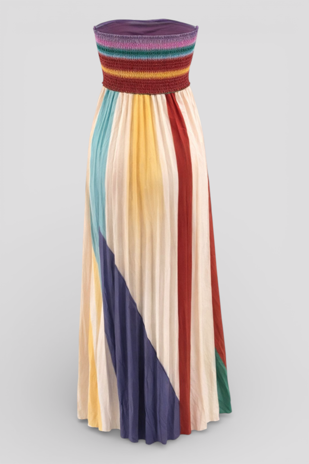 Elegant striped pleated long dress with off-the-shoulder design for a sophisticated look