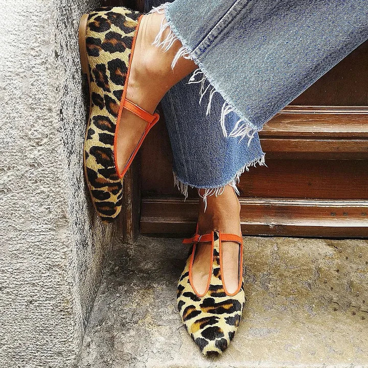 Leopard-Print T-Strap Flats