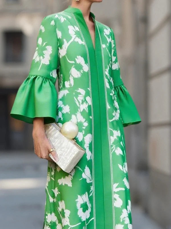Maxi Bell Sleeve and Flared Dress with Floral Print Casual Caftan with Side Slit