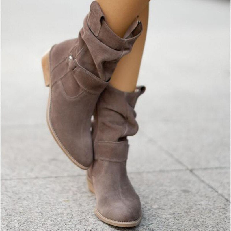 Chic Women's Suede Ankle Boots with Slouched Design, Low Heel, and Buckle Strap Detail