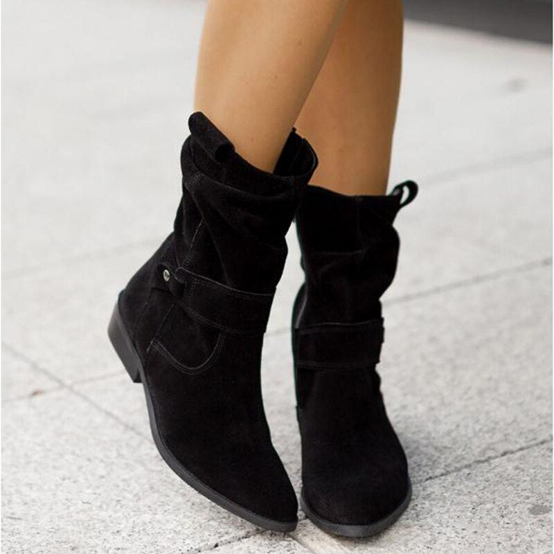 Chic Women's Suede Ankle Boots with Slouched Design, Low Heel, and Buckle Strap Detail