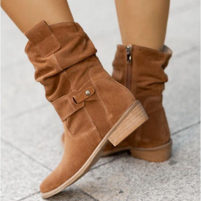 Chic Women's Suede Ankle Boots with Slouched Design, Low Heel, and Buckle Strap Detail