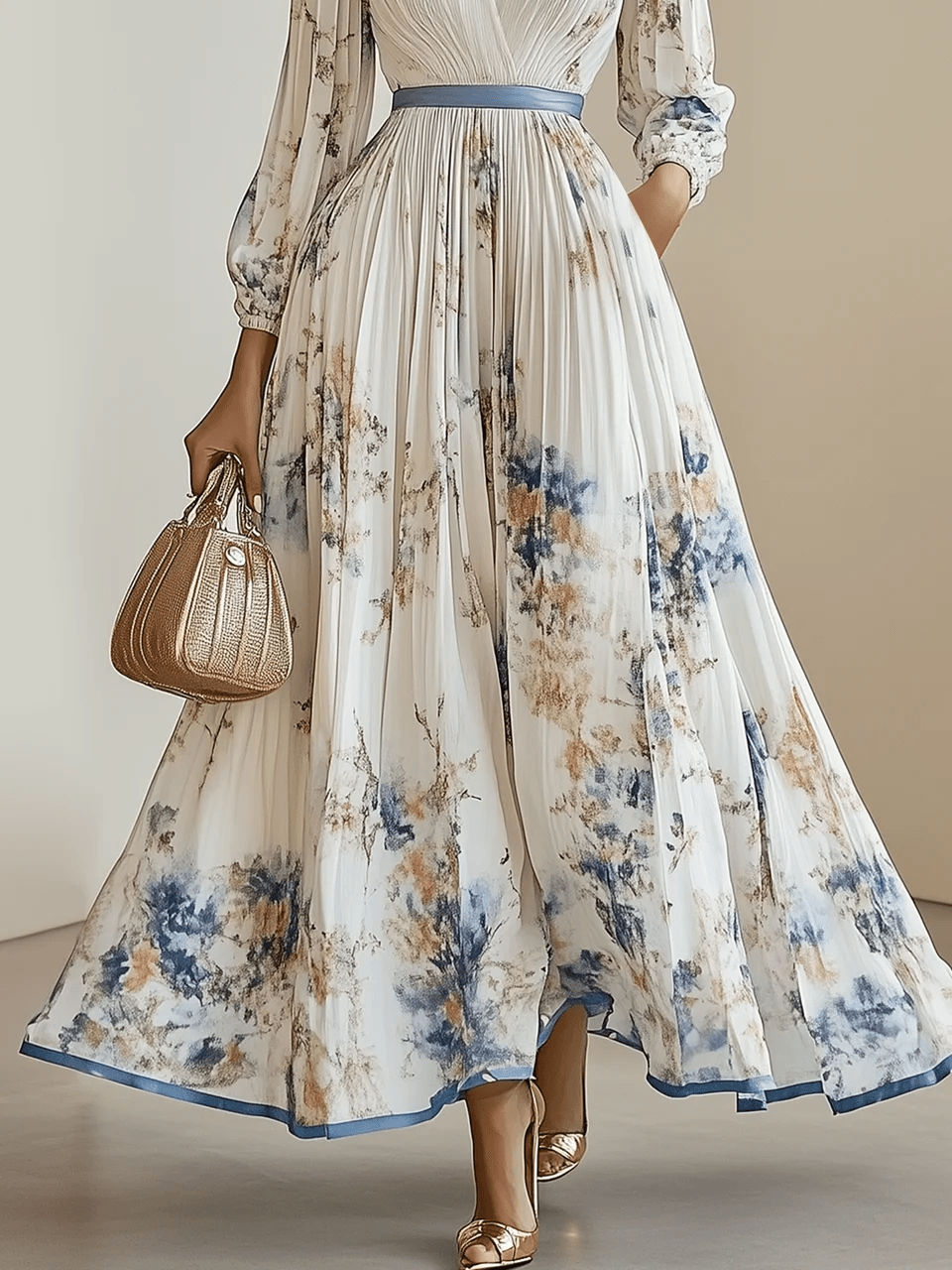 Pleated Silk Maxi Dress with V-Neck and Spring Floral Print, Long Balloon Sleeves, A-Line Style
