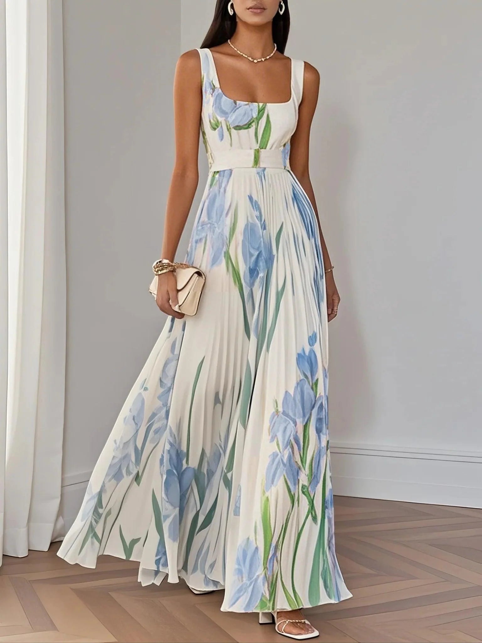 Elegant White Rocking Chiffon Maxik Dress with Pleated Floral Pattern and Square Neckline