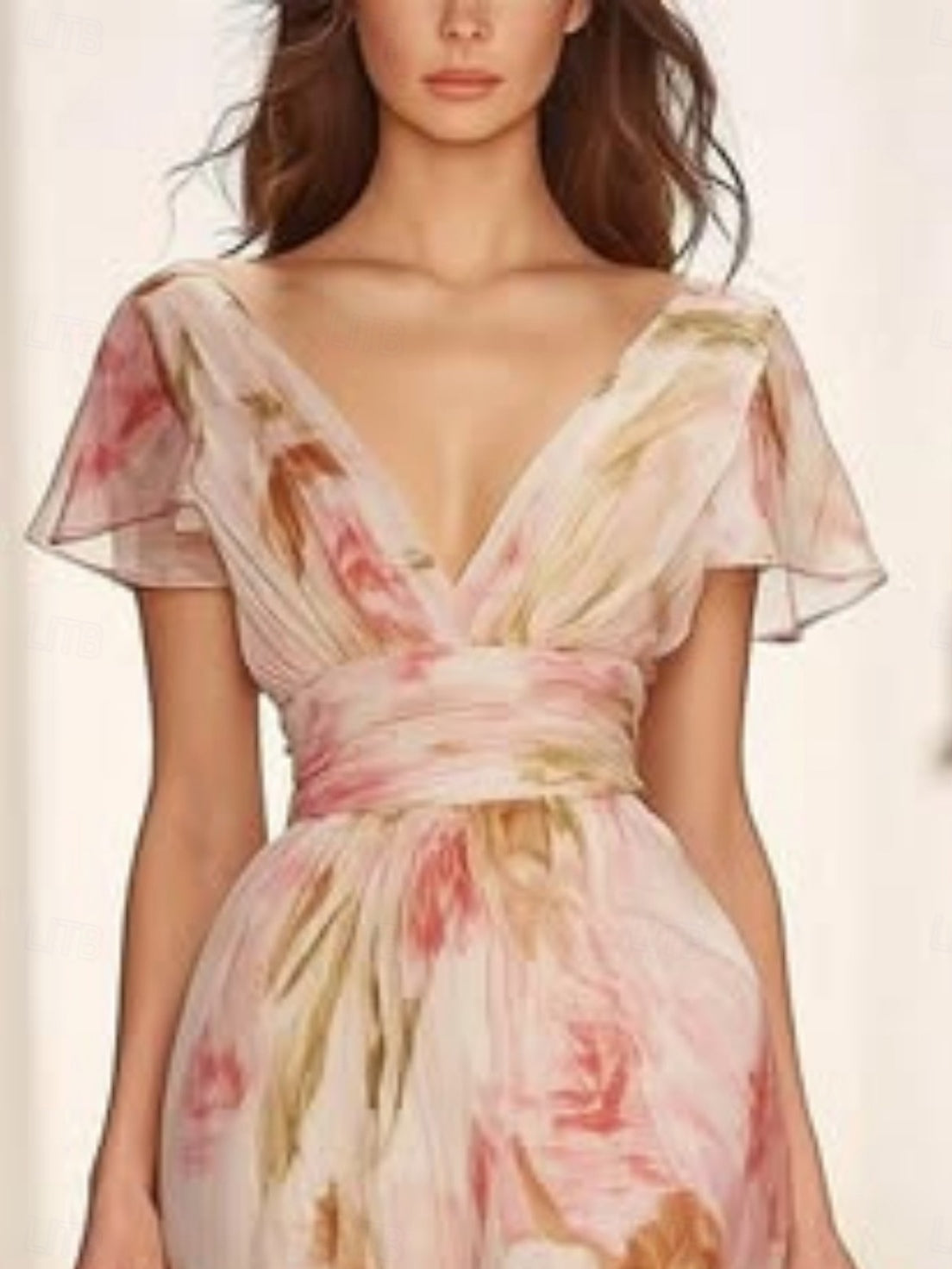 Casual Maxi Dress with Floral Print, V-Neck and Short Sleeves