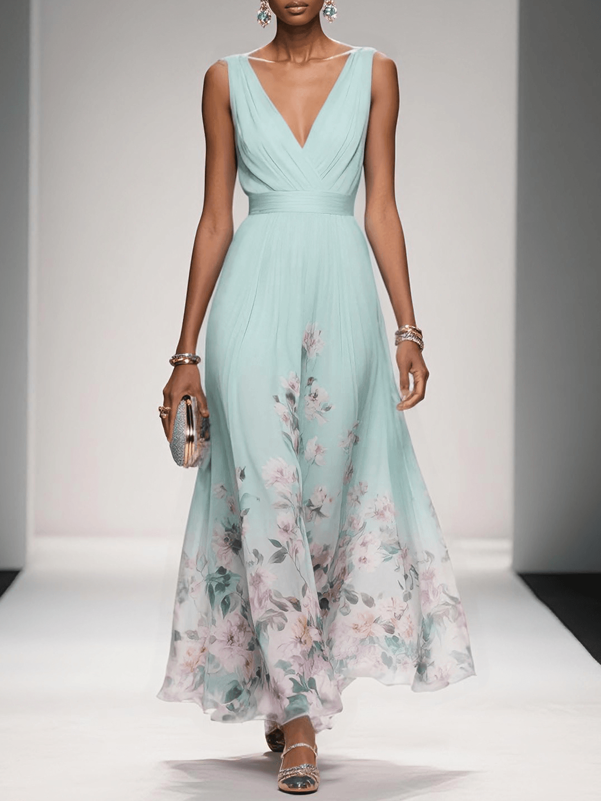Elegant Light Blue Floral Chiffon V-Neck Sleeveless A-Line Maxi Dress