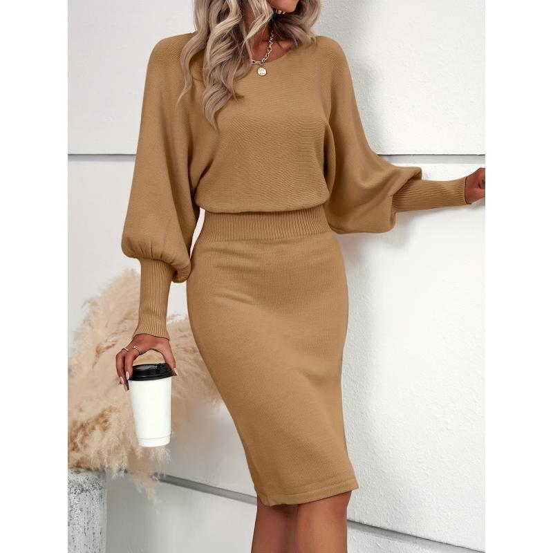 Chic Waist-Defining Sweater Dress with Dramatic Lantern Sleeves