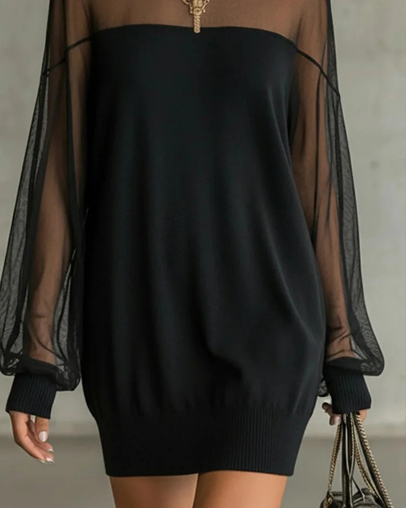 Chic Solid-Color Patchwork Dress with Lantern Sleeves