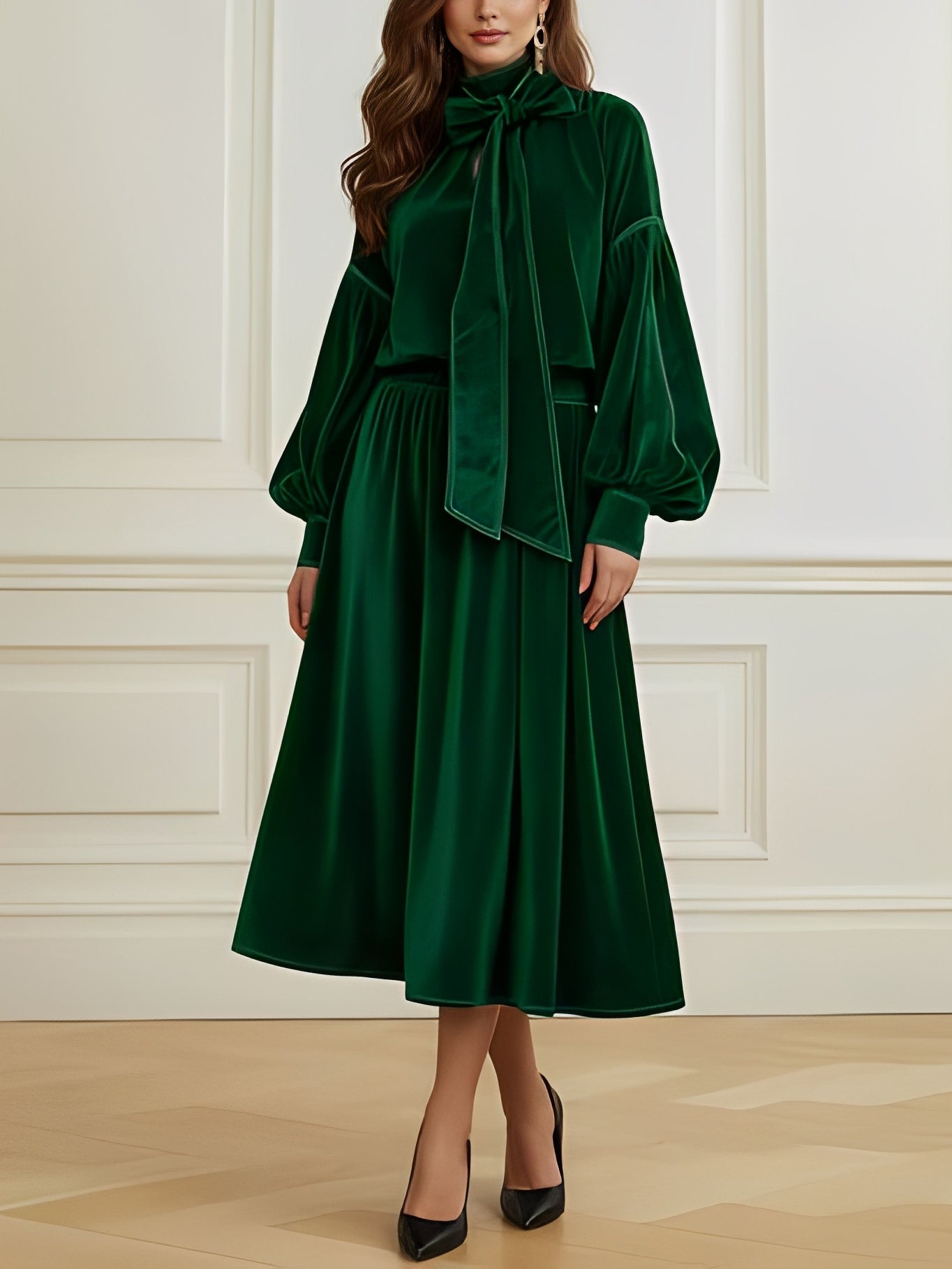 Emerald Green Velvet Puff-Sleeve Bow Top & Skirt Set