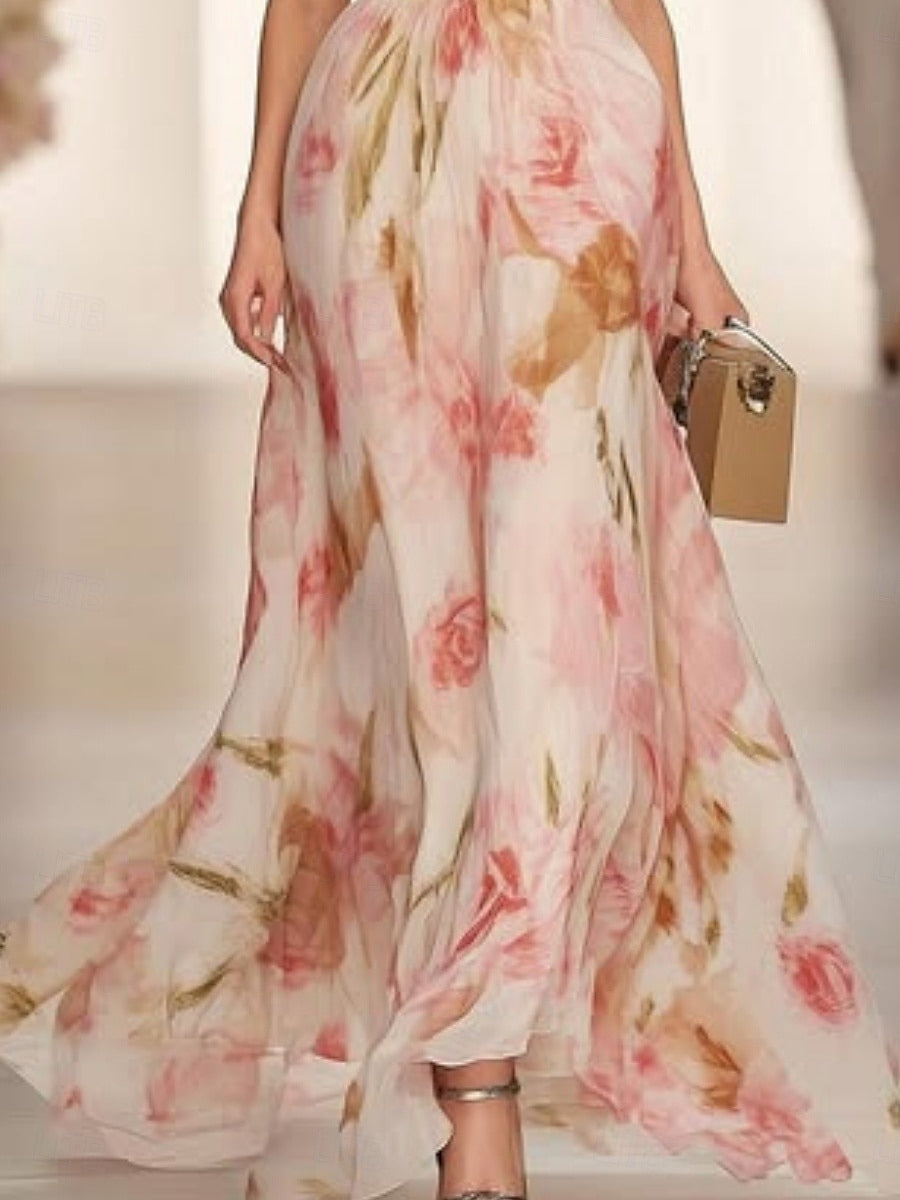 Casual Maxi Long Dress with Floral Print, V-Neck and Short Sleeves