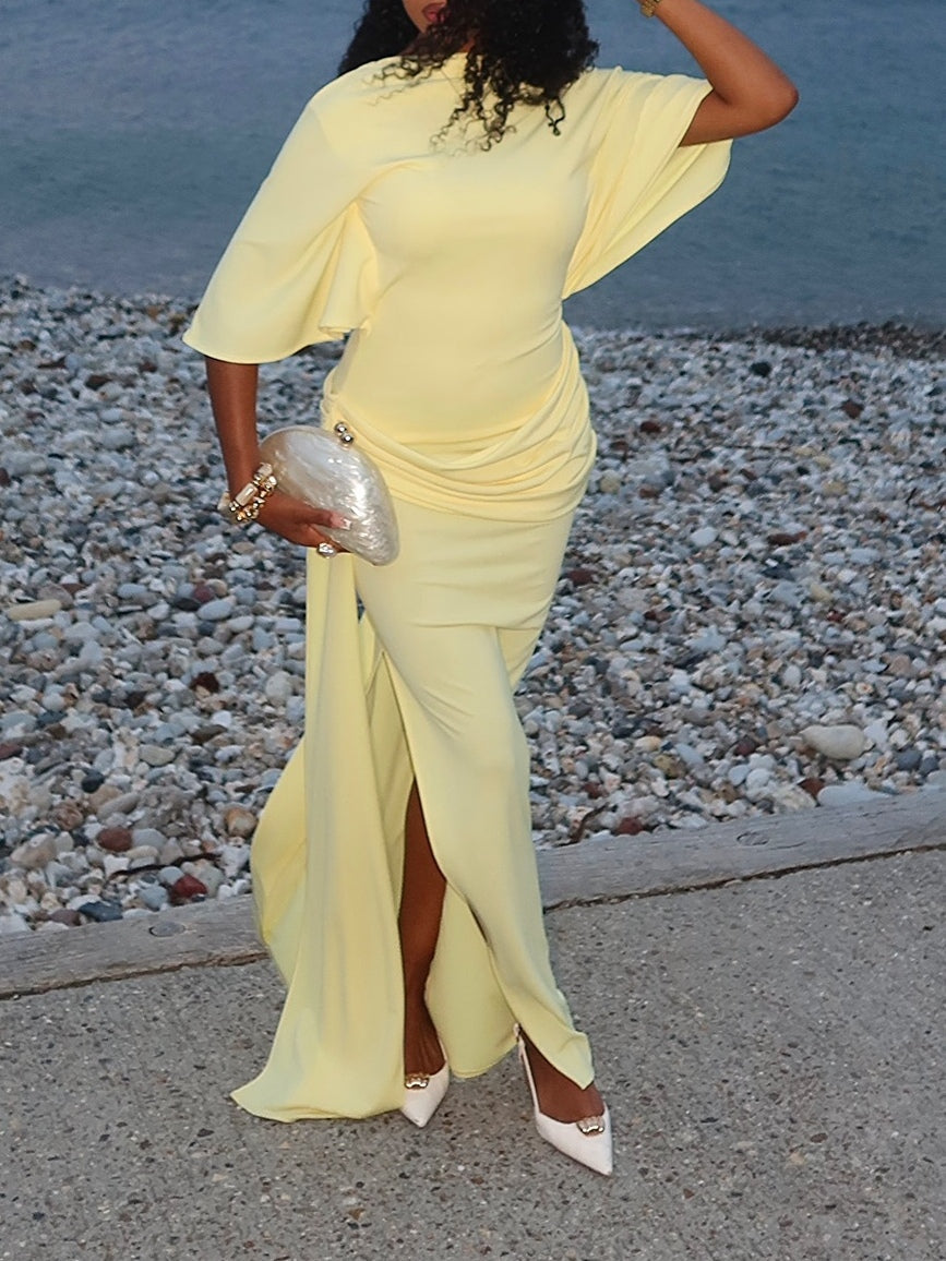 Elegant Yellow Maxi Dress with Cape and Backless Design