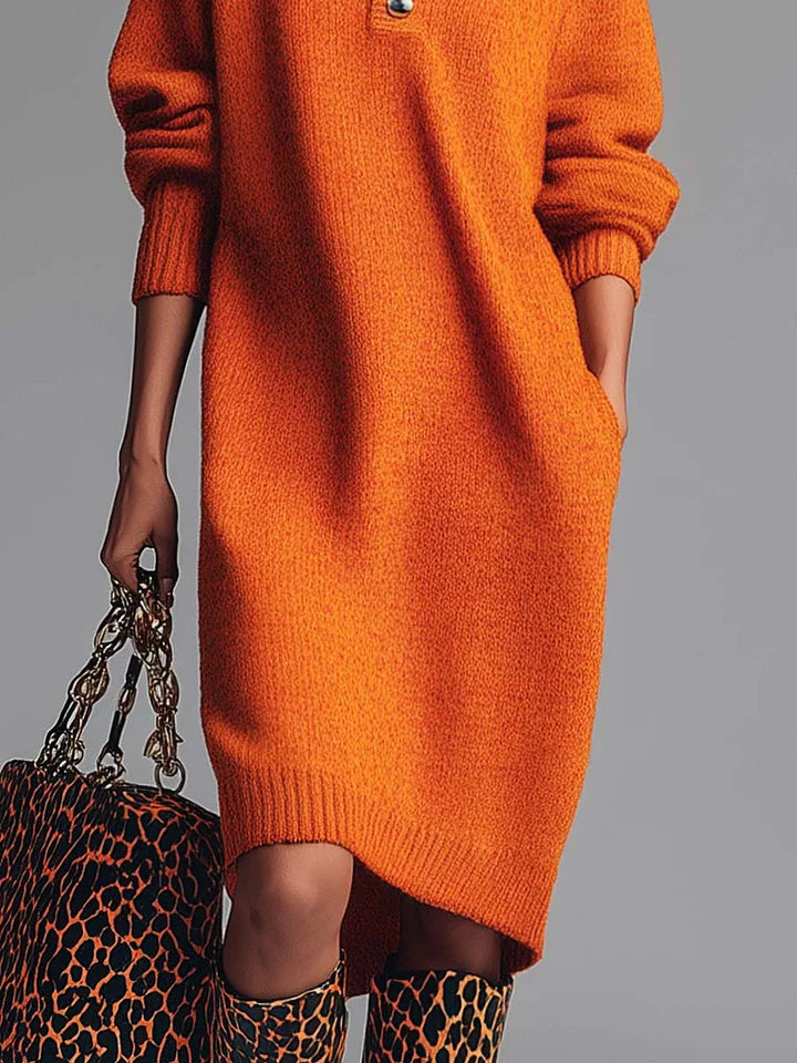 Elegant Orange Cardigan Midi Dress with Buttonholes and Revers