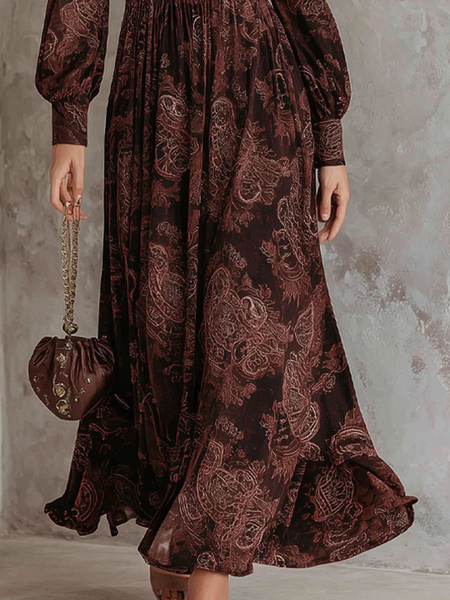 Elegant Braun Paisley Maxi Dress with Zipper and Fitted Cut