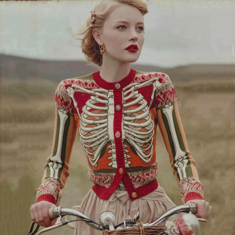 Vintage Halloween Cardigan with Anatomy Pattern – Quirky and Warm Look
