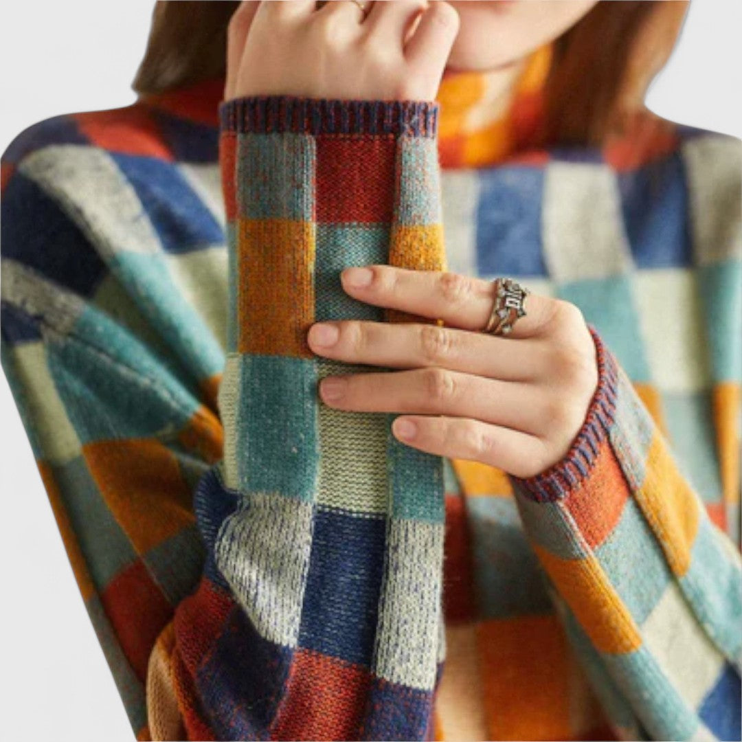 Erika - Patchwork Sweater with Turtleneck, Perfect for a Cozy and Charming Style