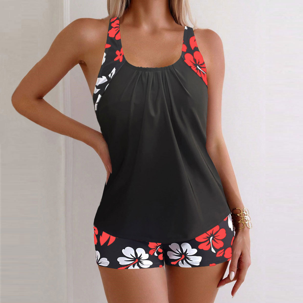Camille Red Floral Tankini Set – Flattering Two-Piece Swimwear