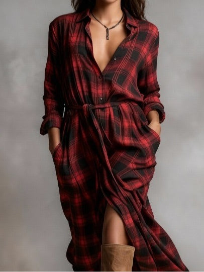 Red Vichy Checkered Maxi Shirt Dress with Ruffled Collar