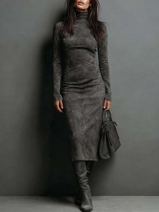 Elegant Midi Suede Dress with High Collar and Long Sleeves