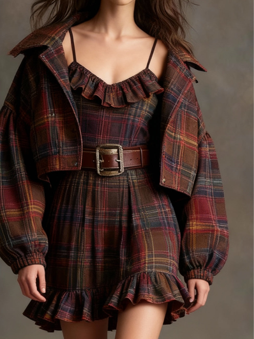 Vintage Plaid Ruffle Mini Dress & Loose Jacket Set - Belt Included