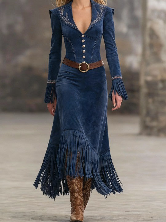 Elegant Retro Embroidered Dark Blue Faux Suede Maxi Dress with Tassels and Belt