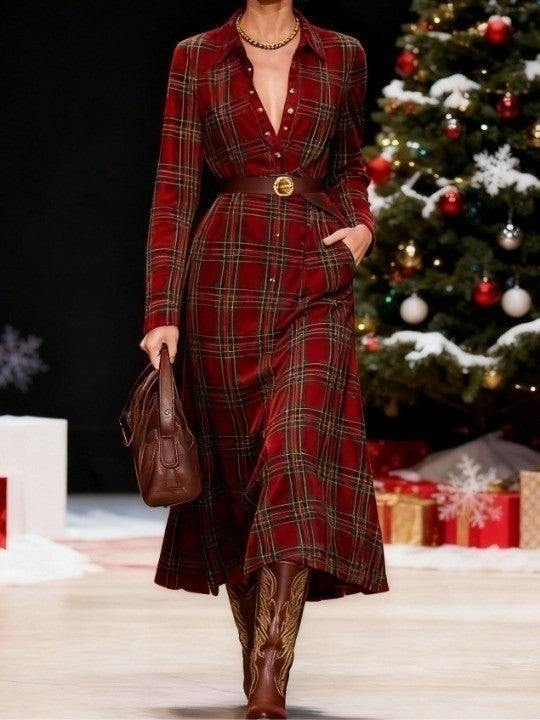 Red Christmas plaid shirt dress with button and belt included