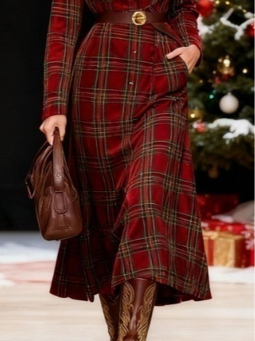 Red Christmas plaid shirt dress with button and belt included