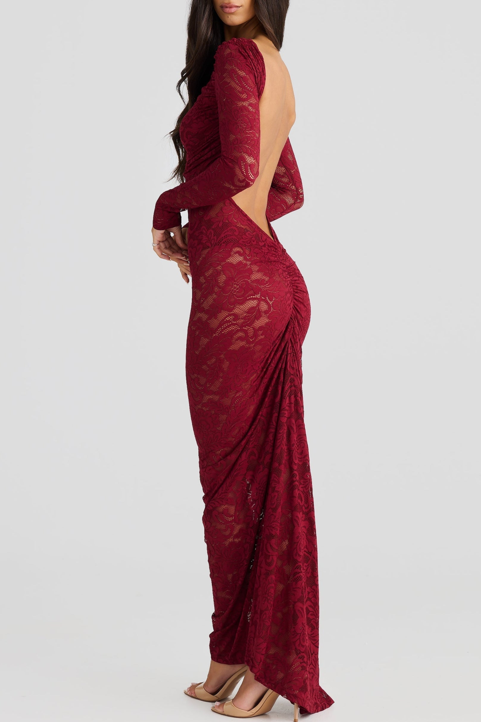 Elegant Hollowed Lace Long Sleeve Backless Maxi Dress - Perfect for Special Occasions
