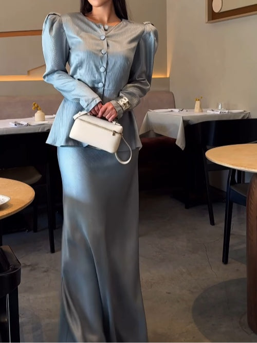 Round-Neck Buttoned Puff-Sleeve Skirt Suit