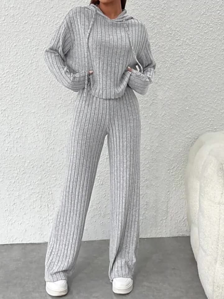 Cozy Loose-Fit Hooded Striped Knit Loungewear Set - Long-Sleeve