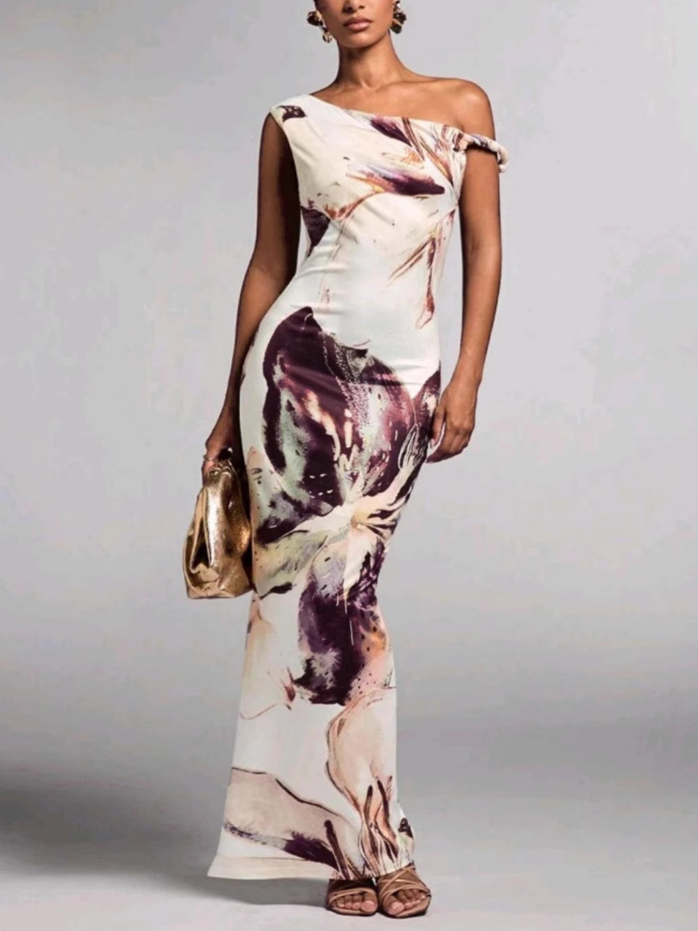 Long pleated one-shoulder printed elegant dress