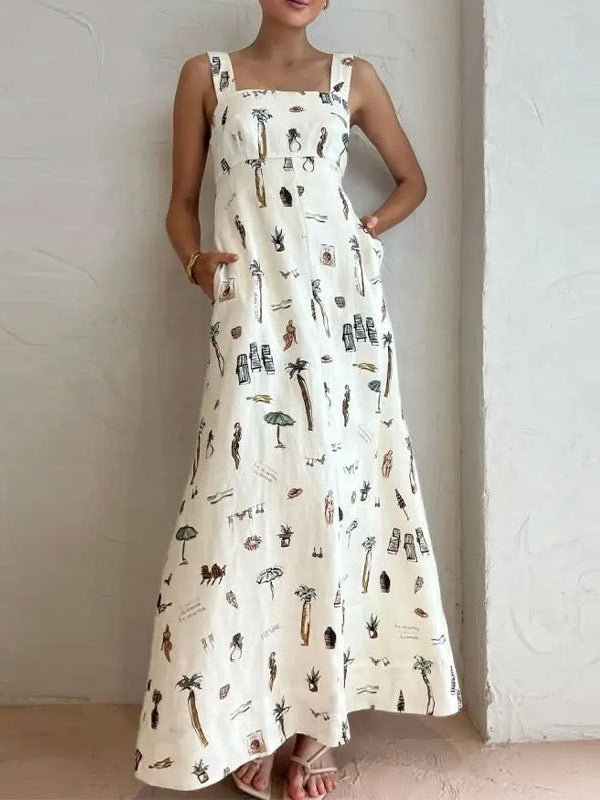 Casual Sleeveless Dress with Bow and Floating Print