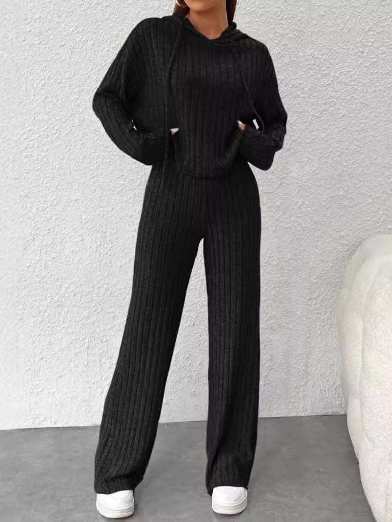 Cozy Loose-Fit Hooded Striped Knit Loungewear Set - Long-Sleeve
