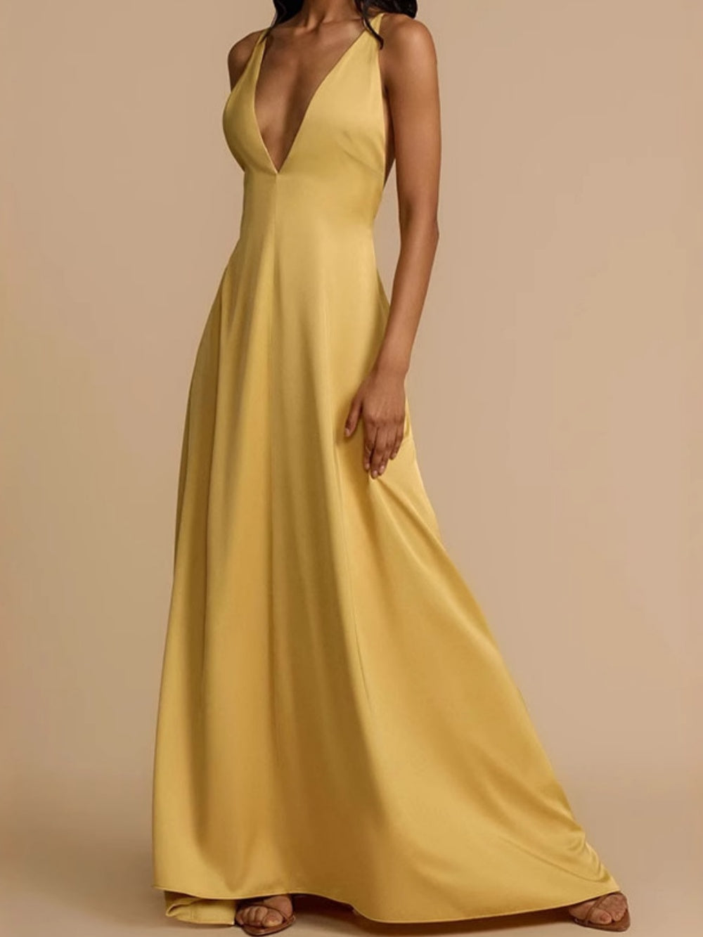 Elegant backless v-neck satin maxi dress for a stunning, sophisticated look