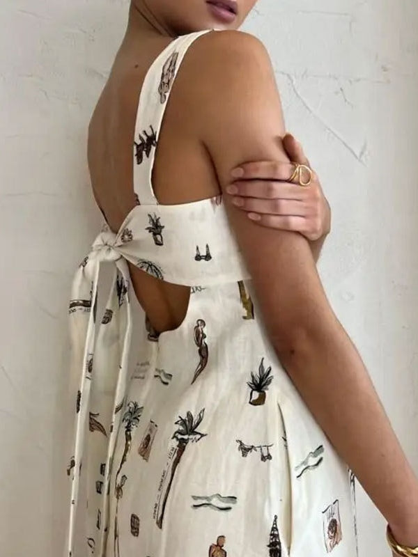 Casual Sleeveless Dress with Bow and Floating Print