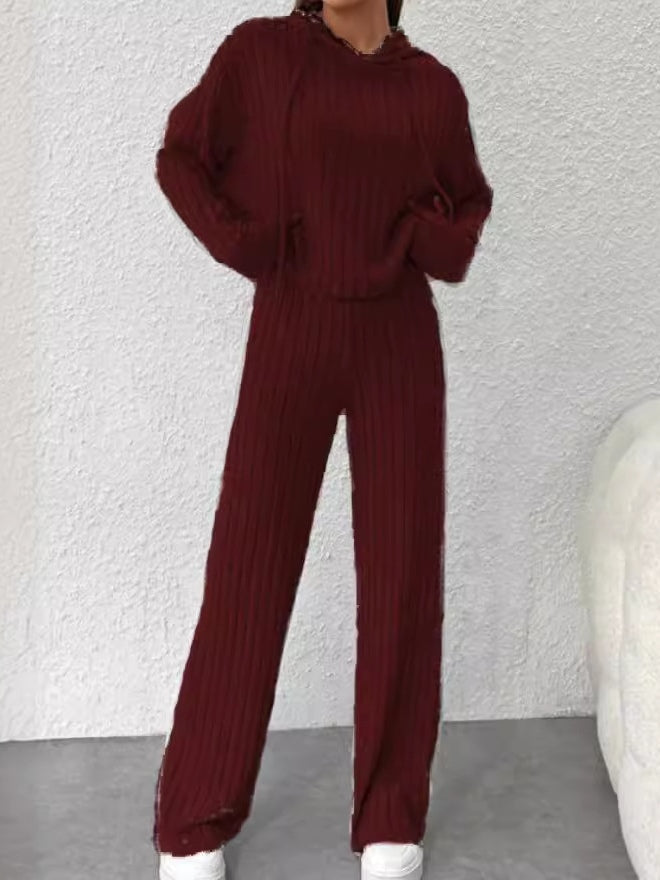 Cozy Loose-Fit Hooded Striped Knit Loungewear Set - Long-Sleeve