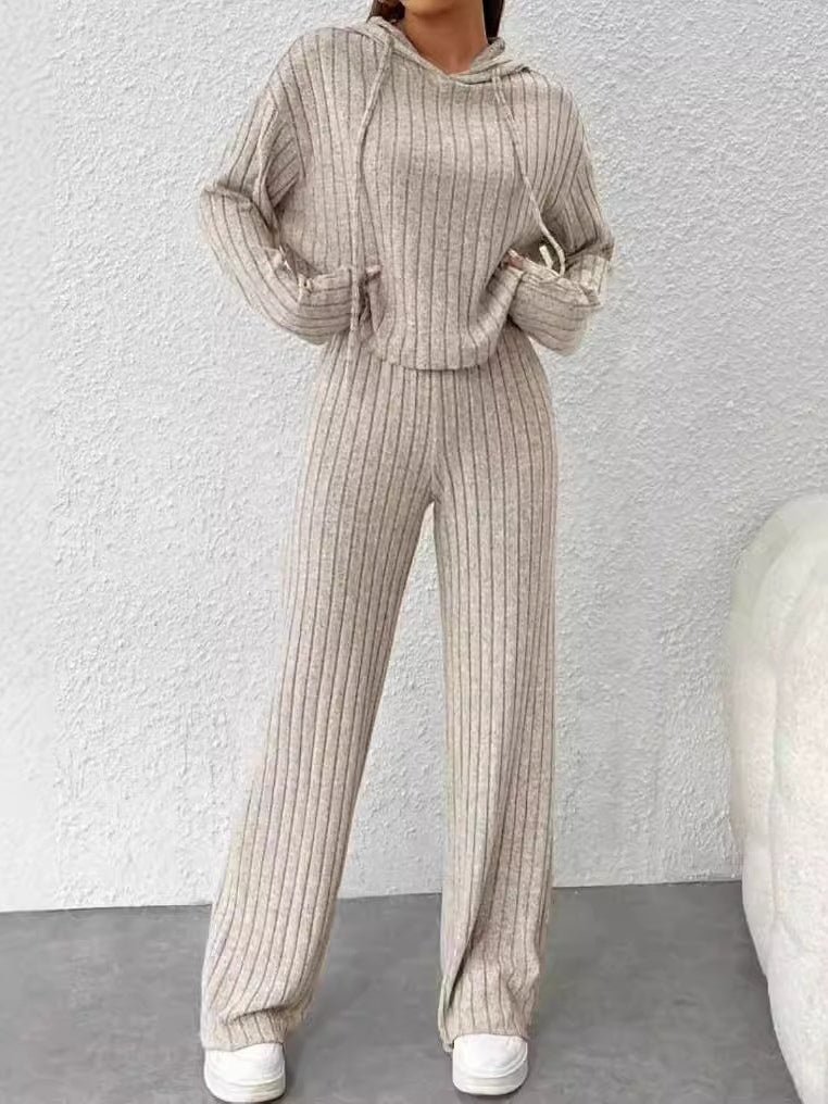 Cozy Loose-Fit Hooded Striped Knit Loungewear Set - Long-Sleeve