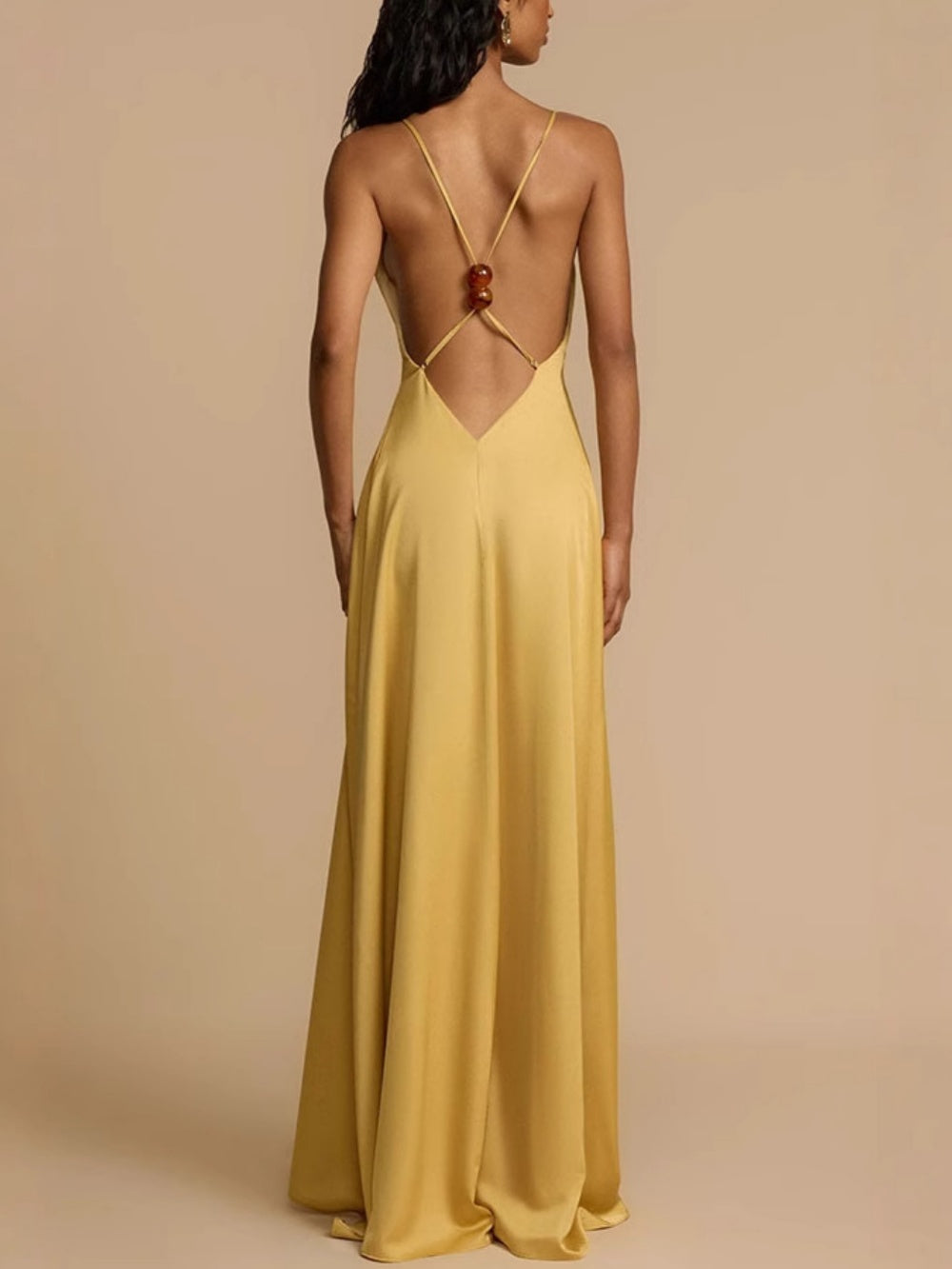 Elegant backless v-neck satin maxi dress for a stunning, sophisticated look