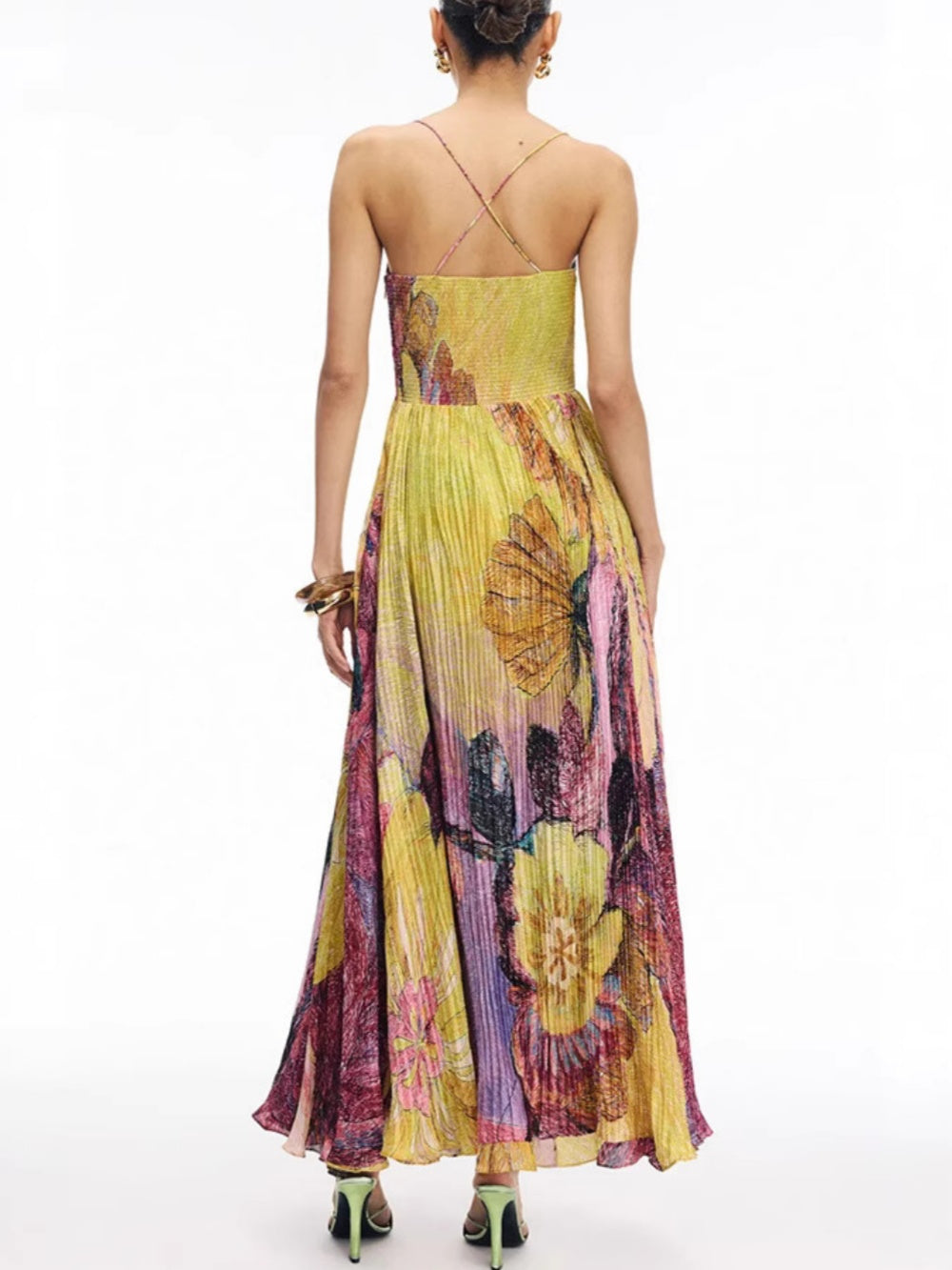 Elegant Print Pleated Strapless Maxi Dress