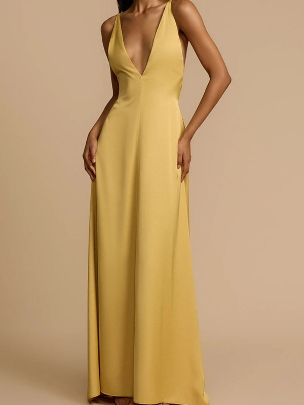 Elegant backless v-neck satin maxi dress for a stunning, sophisticated look