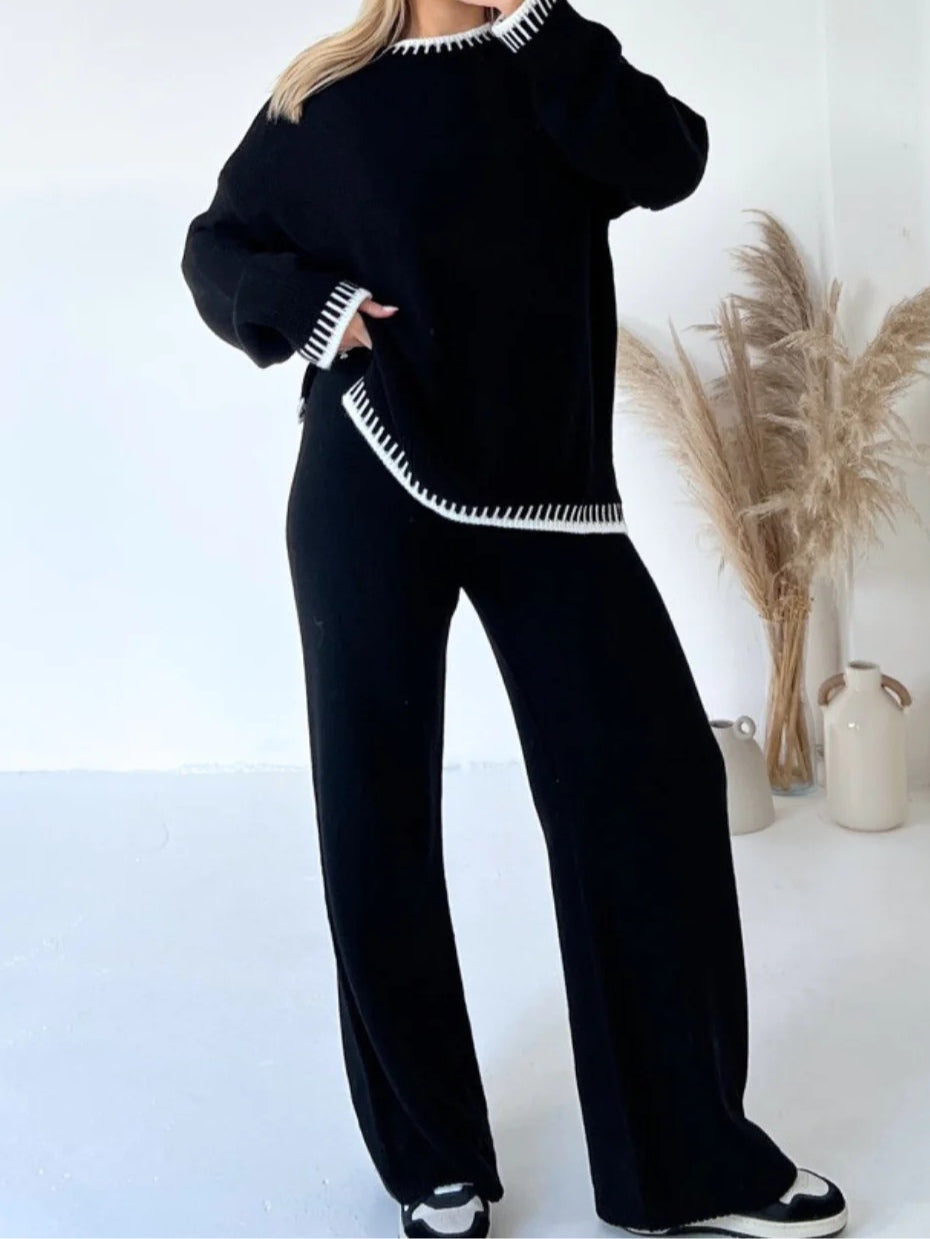 Casual Color-Block Knit Sweater Two-Piece Set — Loose-Fit, Solid Color