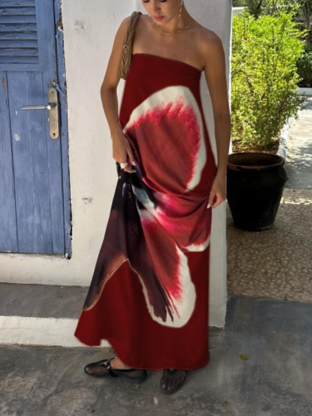 Printed high-neck tube dress with open back and elegant high waist